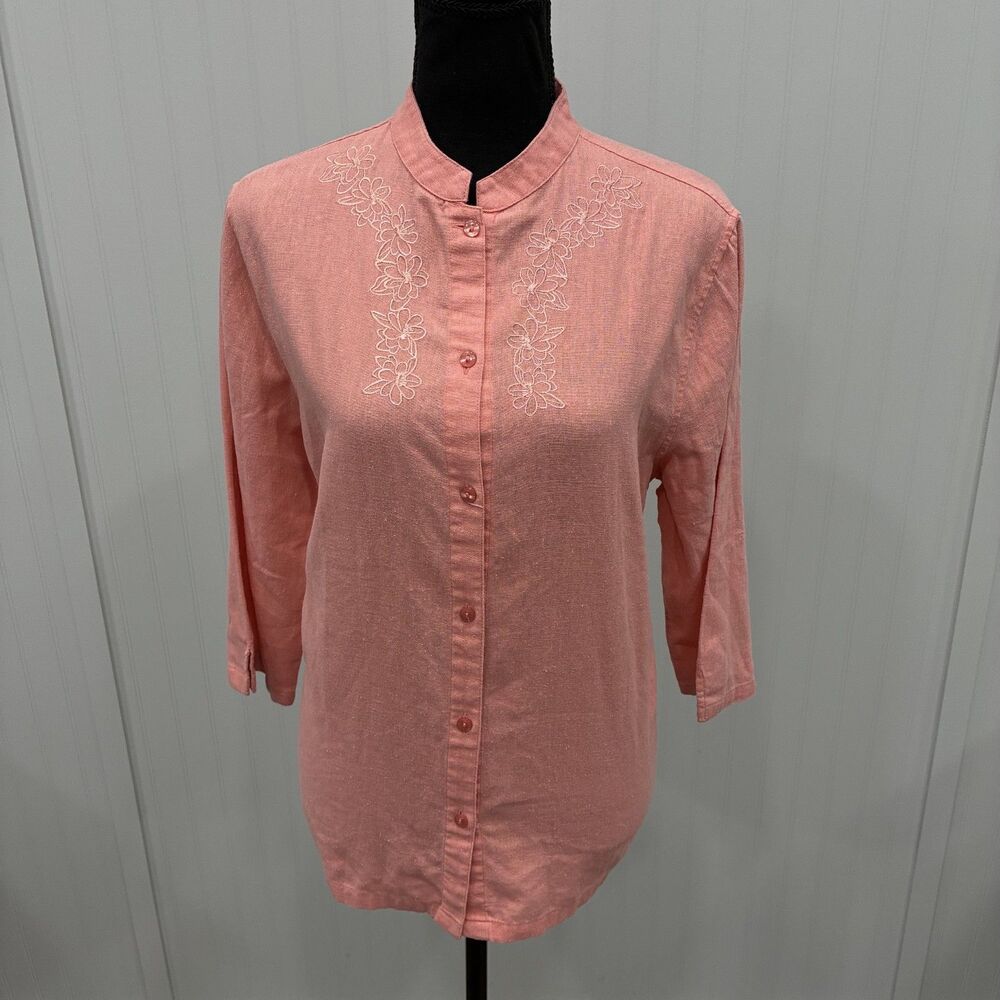VTG Adrian Delafield Haband Women's Large Pink Linen Blend Button Up Blouse Boho